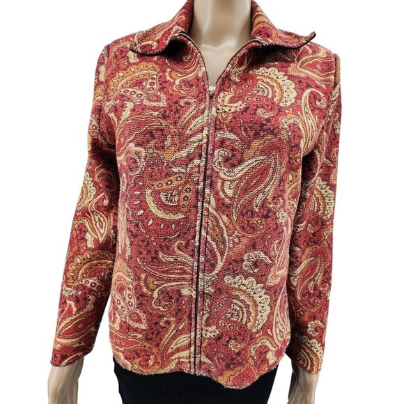 St. John Sport By Marie Gray Paisley Red & Gold Textured Full-Zip Jacket S - Picture 2 of 10